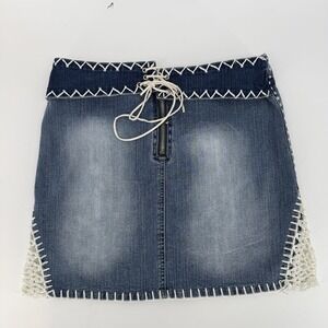 Crest Jean Mini Skirt  7/8 Festival Boho Y2K  Retro Distressed Crochet Trim